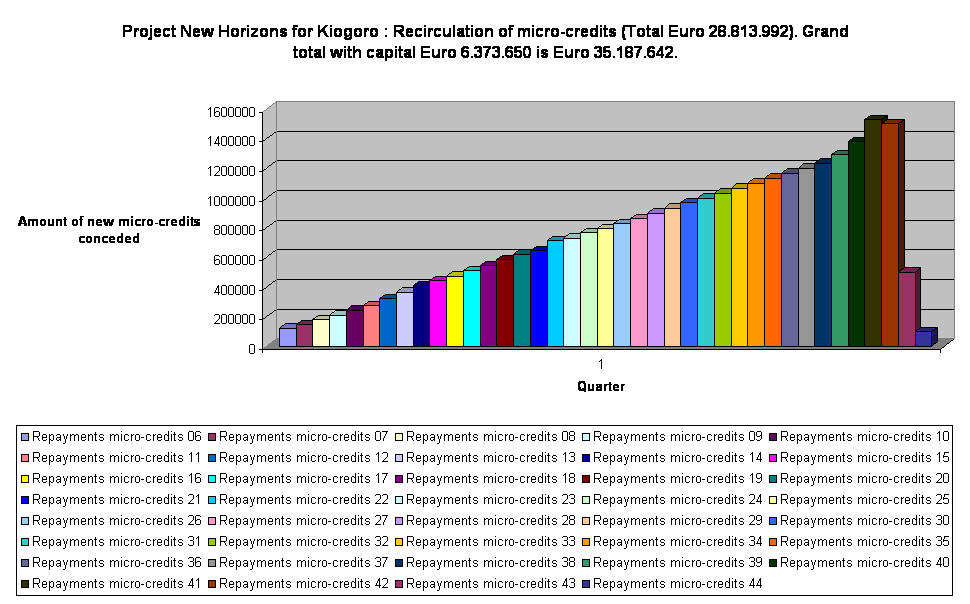 Project New Horizons for Kiogoro : Recirculation of micro-credits (Total Euro 28.813.992). Grand total with capital Euro 6.373.650 is Euro 35.187.642.